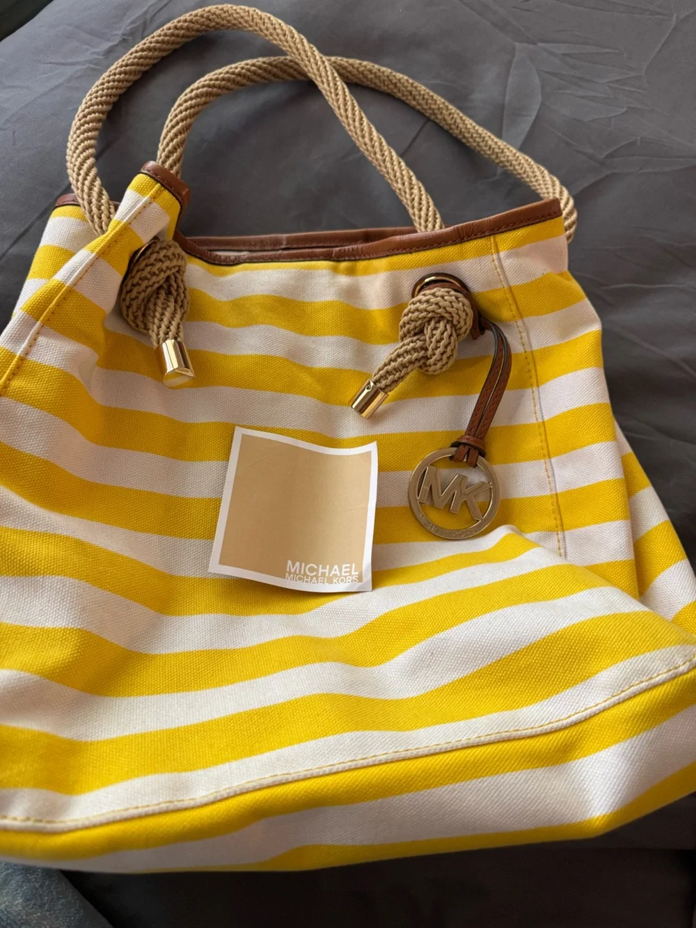 Michael Kors Yellow and White Striped Canvas Tote with Rope Handles